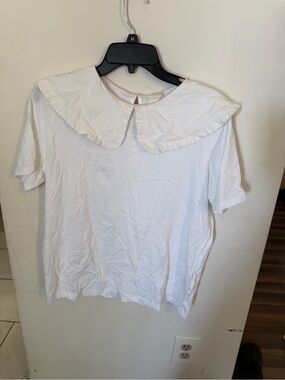 H&M White Short Sleeve Top with Ruffle Peter Pan Collar
